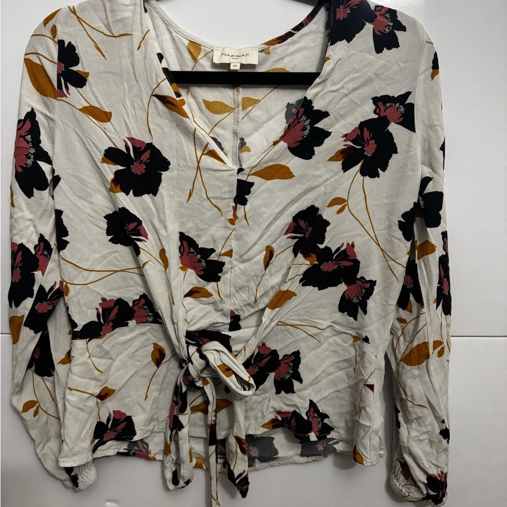 NAF NAF Floral Tie-Front Blouse in Black, Pink, and Orange